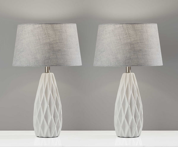 Set of 2 White Ceramic Geometric Base Table Lamp