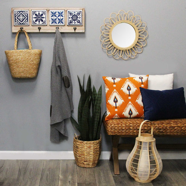 Blue and White Tile Wall Hanging with Metal Hooks