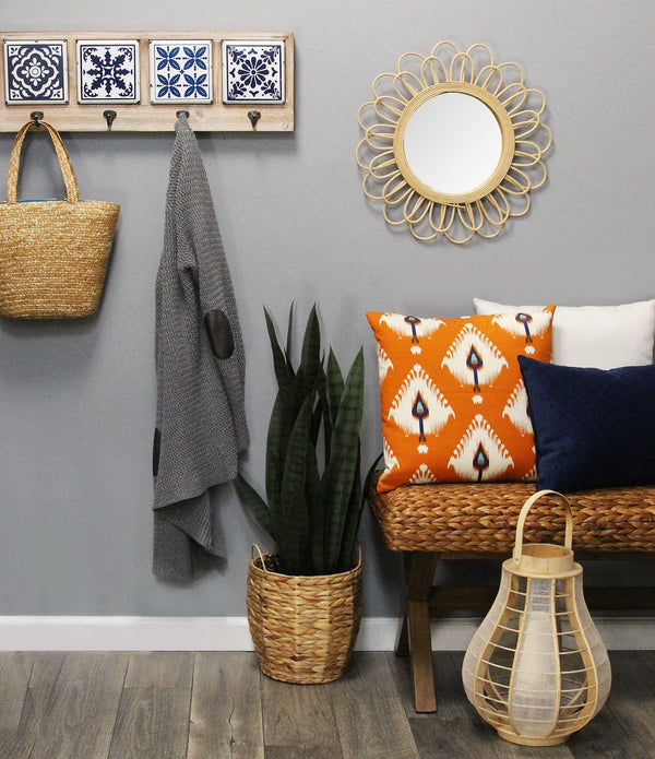 Blue and White Tile Wall Hanging with Metal Hooks