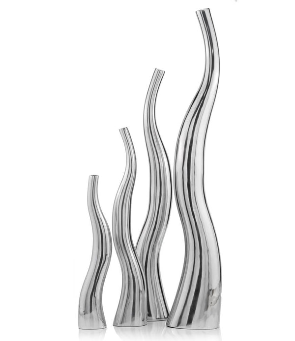 Set of 2 Modern Tall Silver Squiggly Floor Vases