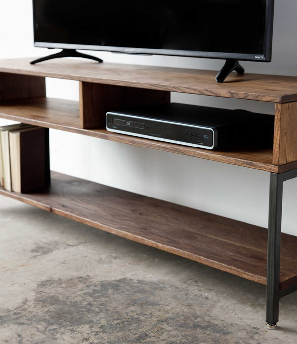 Warm Dark Finish Maple And Steel TV Stand and Media Center