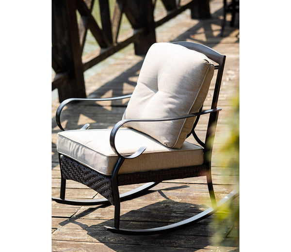 25" X 33" X 34" Black Steel Patio Rocking Chair with Beige Cushions