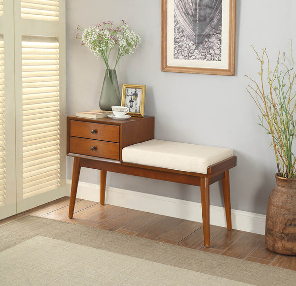 Honey Oak Finish Fabric Bench With Storage