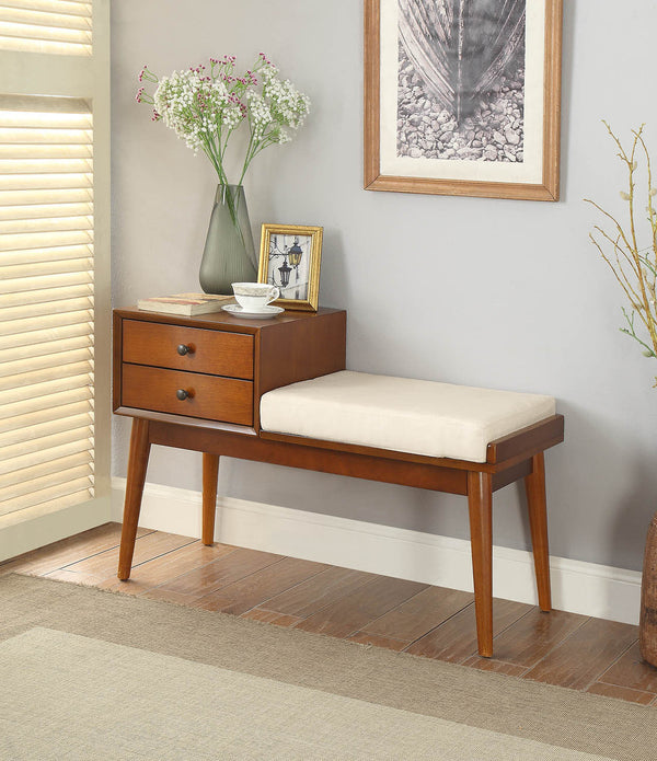 Honey Oak Finish Fabric Bench With Storage