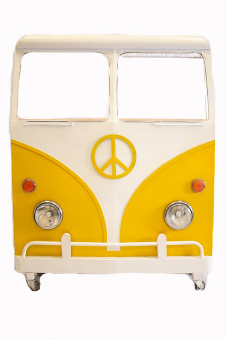 Metal Mango Wood White and Yellow Love Bus Bar Cart