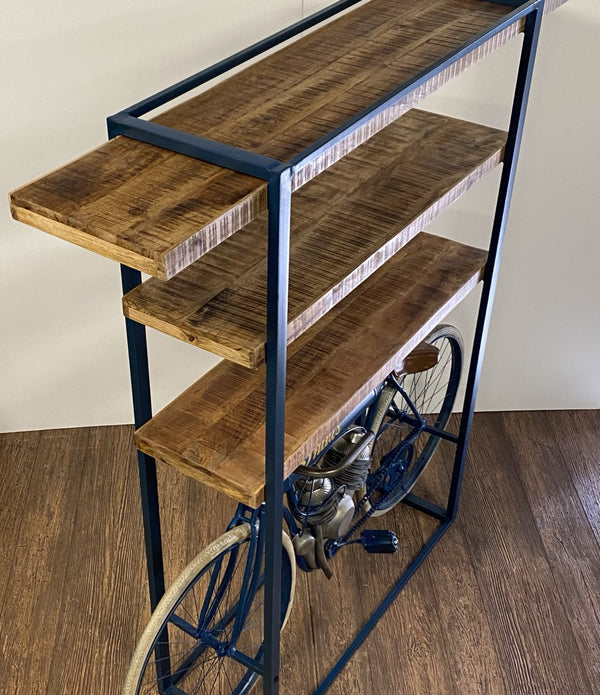 Blue Metal Mango Wood Cycle Book Shelf Bar Counter