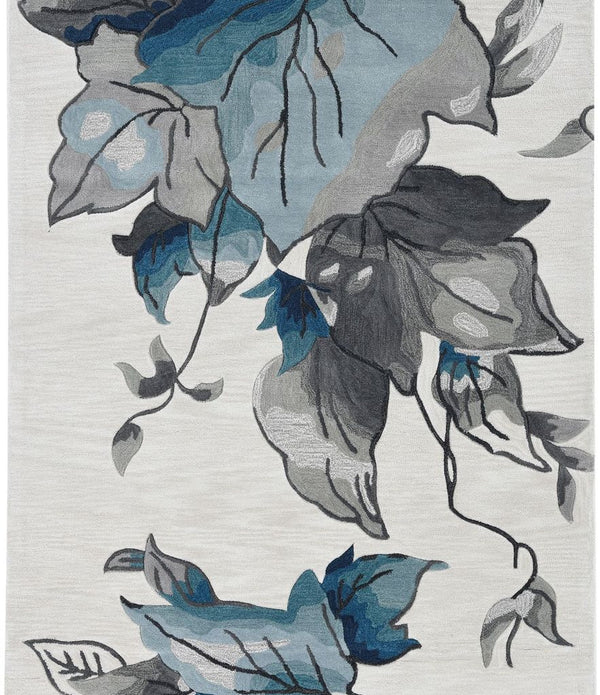 3' x 5' Ivory Blue Oversized Leaves Area Rug