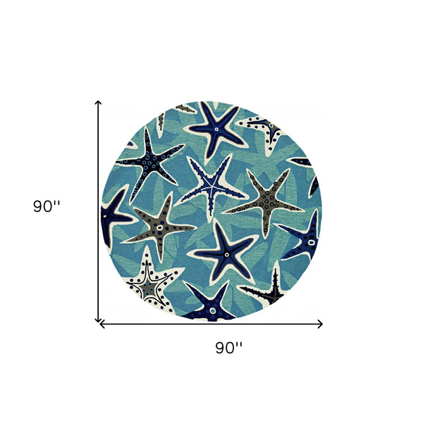 8' Blue Hand Woven UV Treated Coastal Starfish Round Indoor Outdoor Area Rug