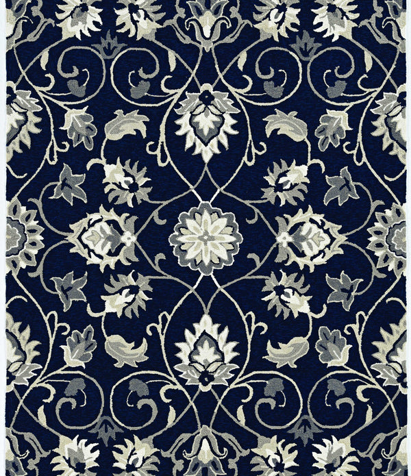 2'x3' Navy Blue Hand Hooked UV Treated Floral Vines Indoor Outdoor Accent Rug