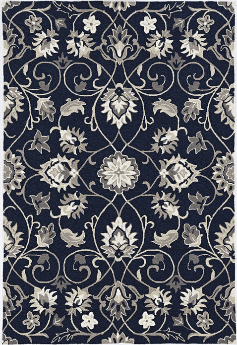 3'x5' Navy Blue Hand Hooked UV Treated Traditional Floral Design Indoor Outdoor Rug