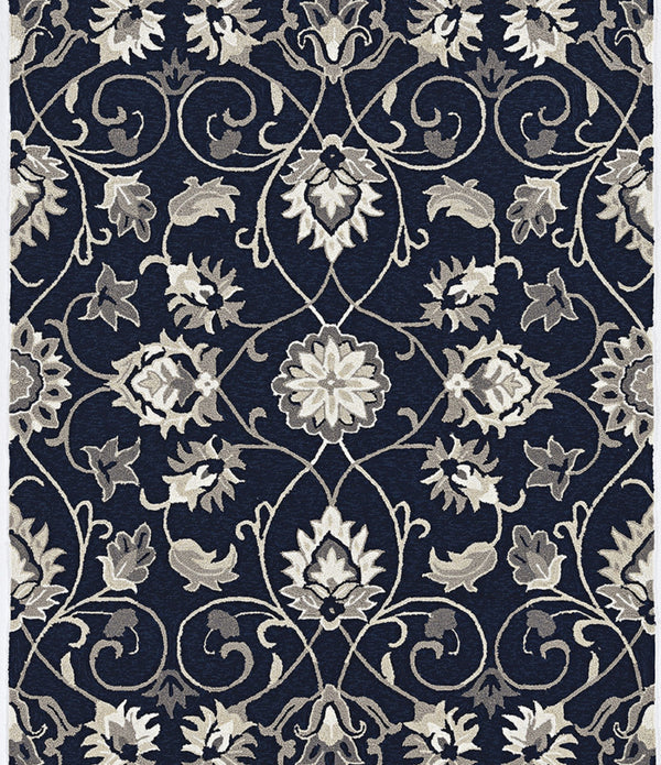 3'x5' Navy Blue Hand Hooked UV Treated Traditional Floral Design Indoor Outdoor Rug