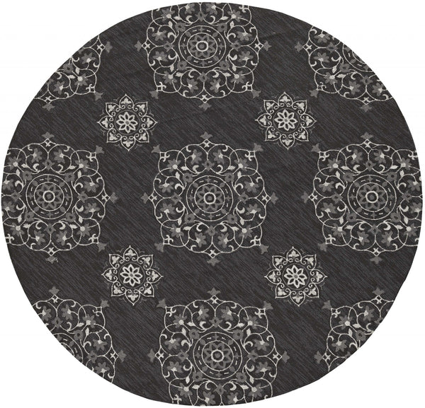 8' Charcoal Grey Hand Woven UV Treated Geometric Traditional Round Indoor Outdoor Area Rug