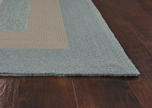 3'x5' Spa Blue Beige Hand Hooked UV Treated Bordered Indoor Outdoor Area Rug