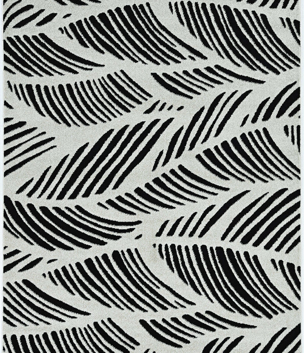 7'x10' Black White Machine Woven UV Treated Tropical Palm Leaves Indoor Outdoor Area Rug