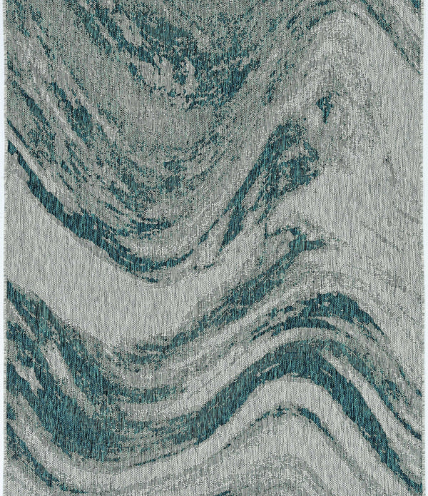 3'x4' Grey Teal Machine Woven UV Treated Abstract Waves Indoor Outdoor Accent Rug