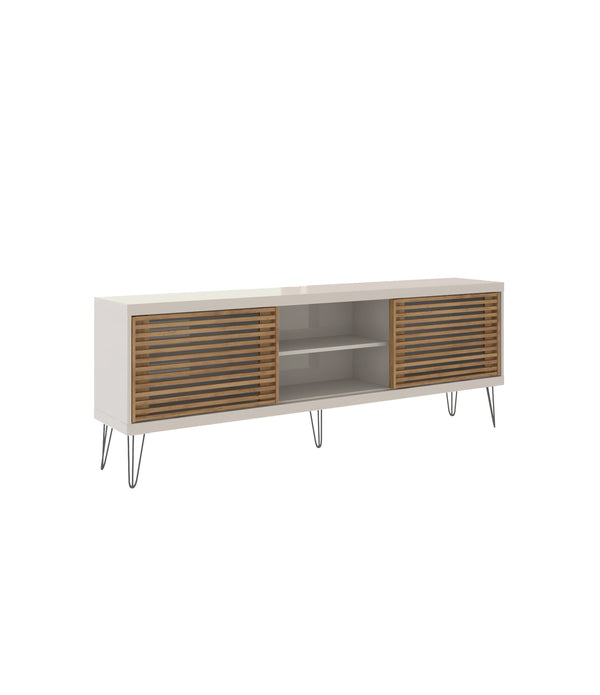 Farmhouse TV Stand With Metal Legs And Wood-Slat Sliding Doors 70 inch tv