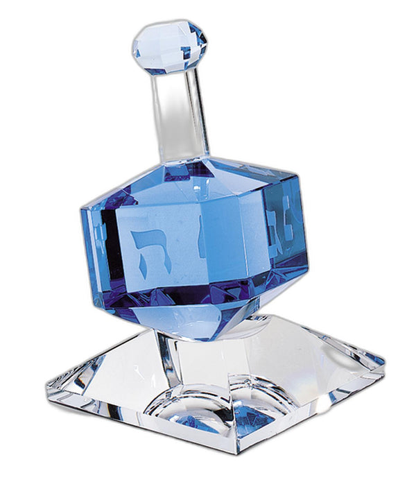 3 Mouth Blown Blue Dreidel On Crystal Stand