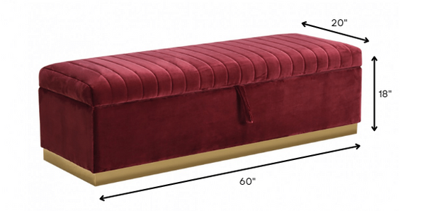 Rectangular Modern Red Velvet Storage Bench with Gold Metal