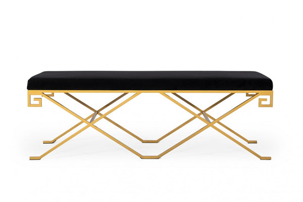 Rectangular Modern Black Velvet Bench with Champagne Gold Steel Frame