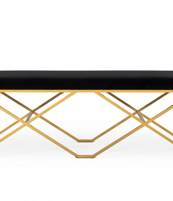 Rectangular Modern Black Velvet Bench with Champagne Gold Steel Frame