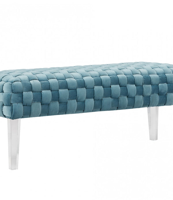 Rectangular Modern Light Teal Textured Velvet Bench with acrylic legs