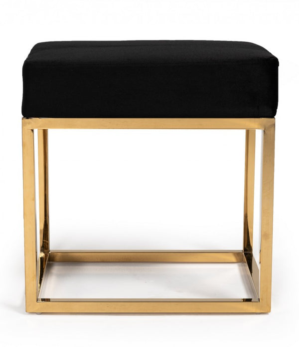 Square Modern Black Velvet Ottoman with Gold Stainless Steel