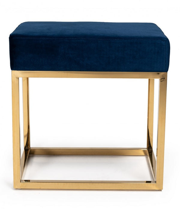 Square Modern Blue Velvet Ottoman with Gold Stainless Steel