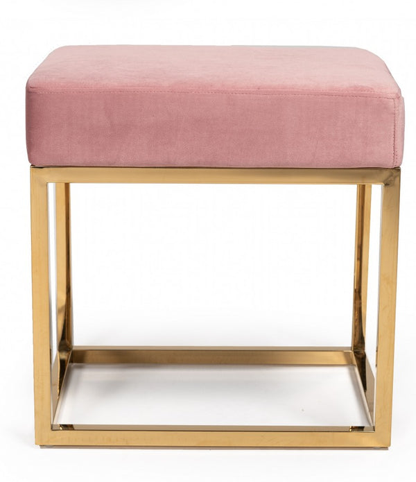 Square Modern Pink Velvet Ottoman with Gold Stainless Steel