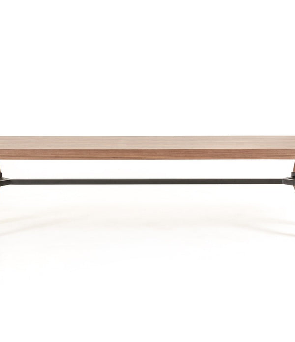 Modern Walnut Finish Dining Bench with Silky Black Metal Support Bar