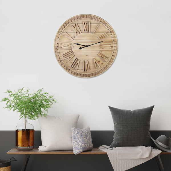 32 Round Natural Wood Face Roman Numeral Wall Clock