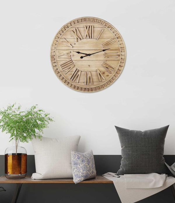 32 Round Natural Wood Face Roman Numeral Wall Clock