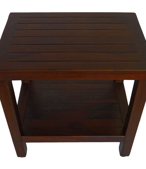 Compact Rectangular Teak Shower or Outdoor Bench with Shelf in Brown Finish