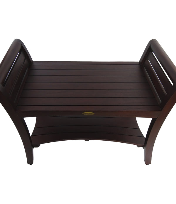 Rectangular Teak Shower Bench with Shelf and Handles in Dark Brown Finish