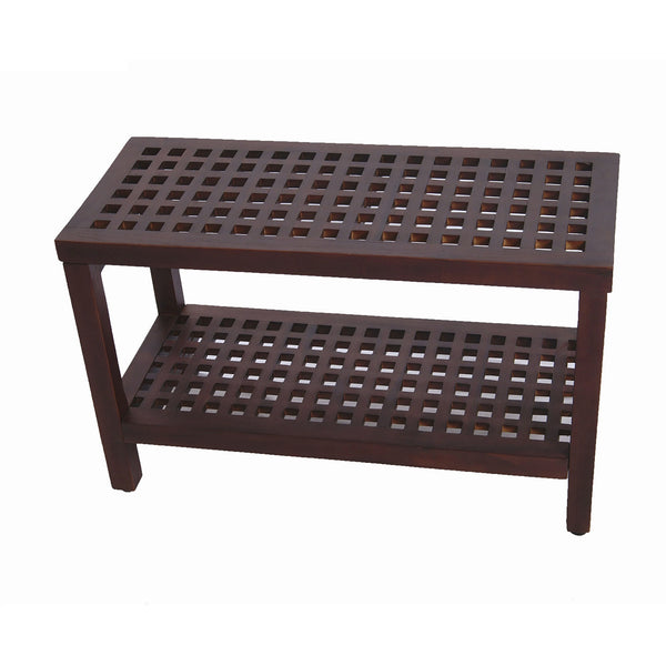 Lattice Teak Shower Bench with Shelf in Brown Finish