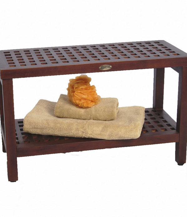 Lattice Teak Shower Bench with Shelf in Brown Finish