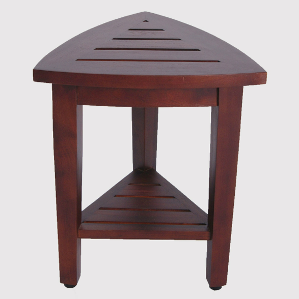 Compact Teak Corner Shower  Outdoor Bench with Shelf in Brown Finish