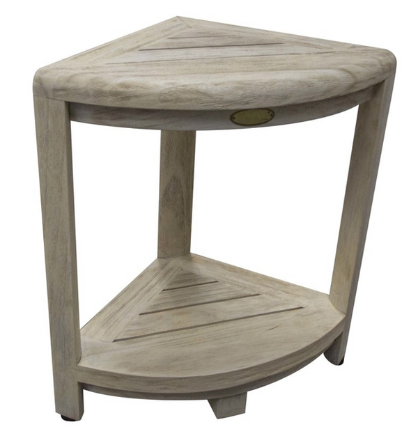 Compact Teak Corner Shower Stool with Shelf in Whitewash Driftwood