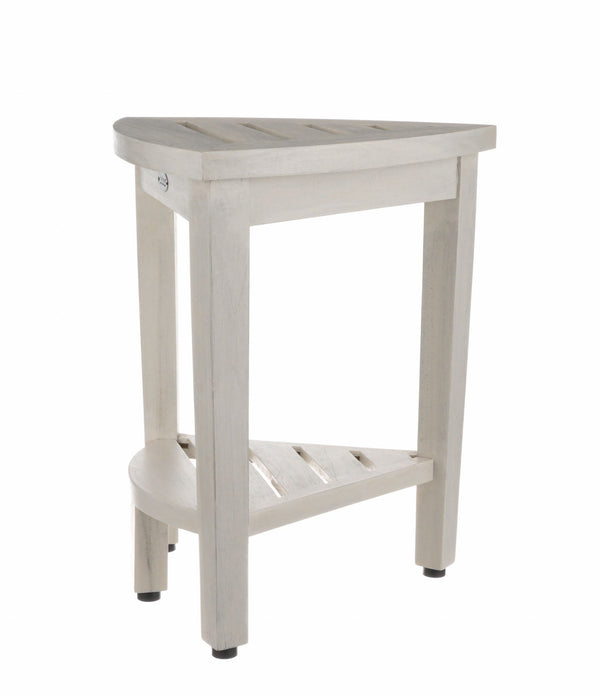 Compact Teak Corner Shower Stool with Shelf in Whitewash Finish