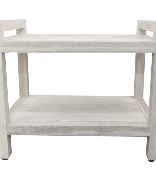 Rectangular Teak Shower Bench with Shelf and Handles in White Finish