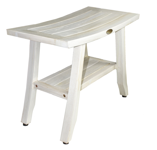 Contemporary Teak Shower Stool or Outdoor Bench in Whitewash Finish