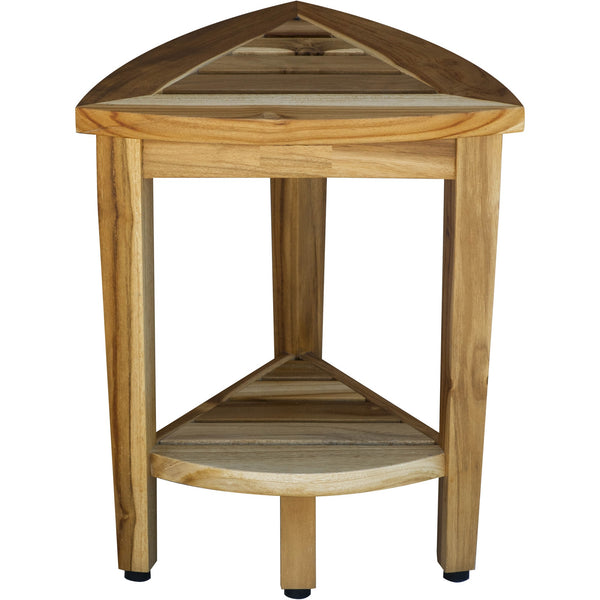 Compact Teak Corner Shower or Outdoor Bench with Shelf in Natural Finish