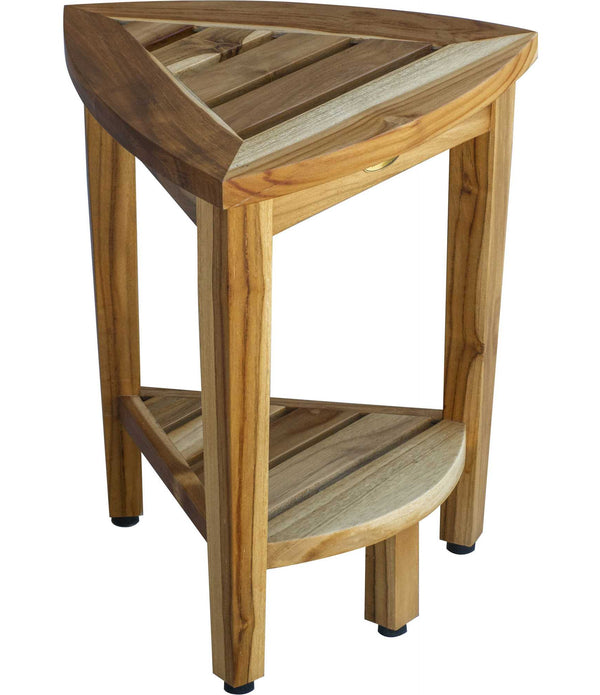 Compact Teak Corner Shower or Outdoor Bench with Shelf in Natural Finish