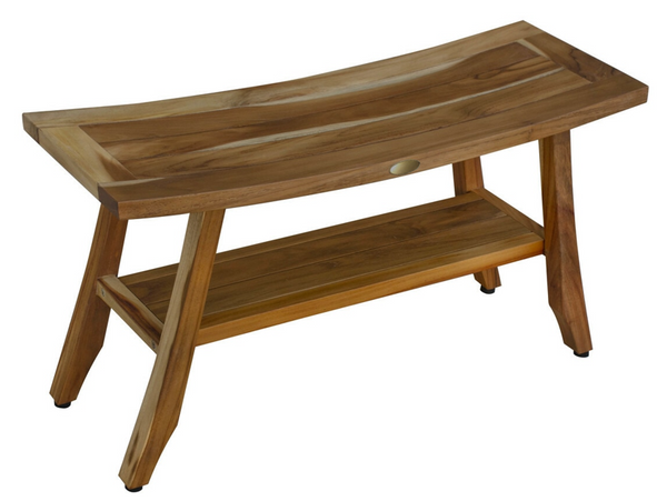 Compact Curvilinear Teak Shower Outdoor Bench with Shelf in Natural Finish