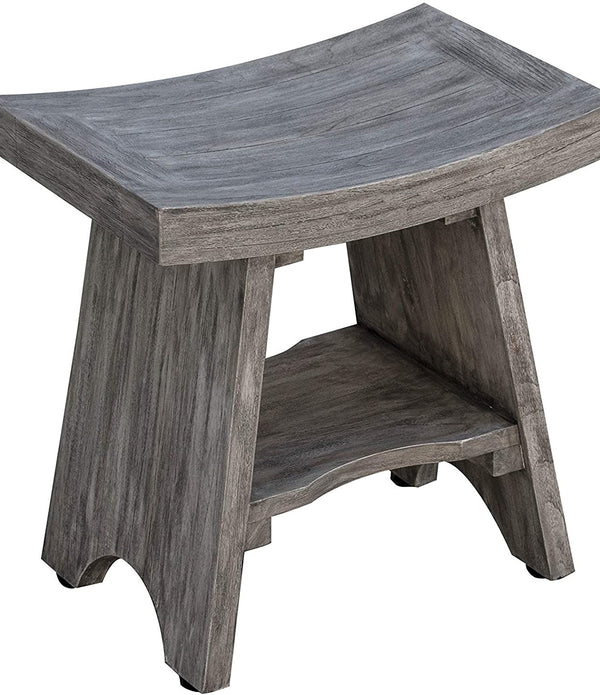 Contemporary Teak Shower or Bench with Shelf in Gray Finish