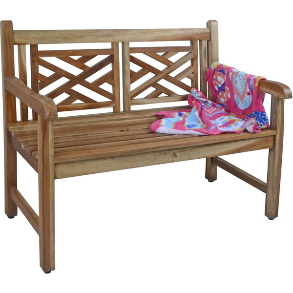 Compact Teak Outdoor Bench with Lattice Design in Natural Finish