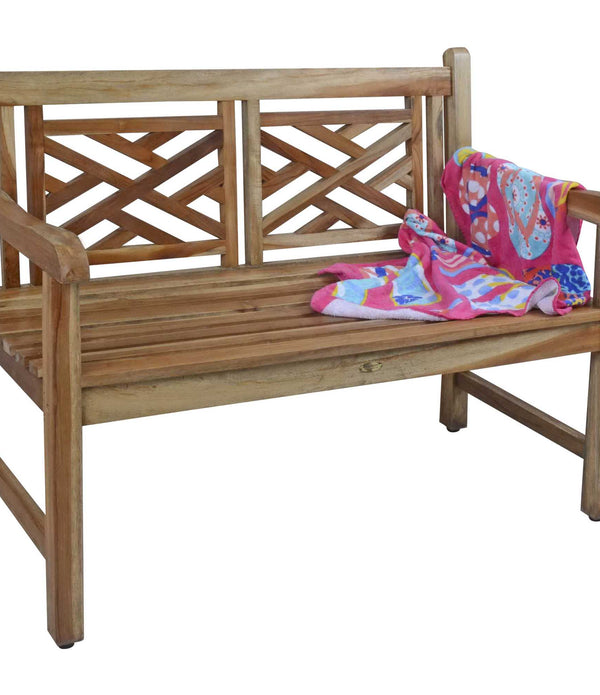 Compact Teak Outdoor Bench with Lattice Design in Natural Finish