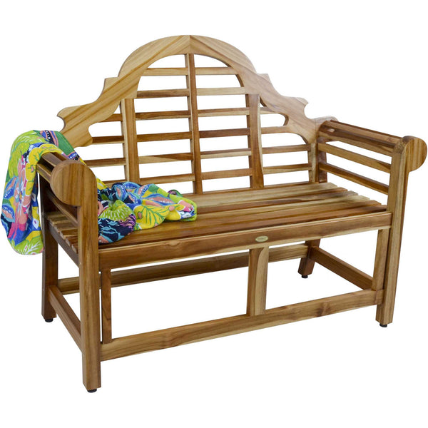 Compact Teak Outdoor Bench with Crown Design in Natural Finish