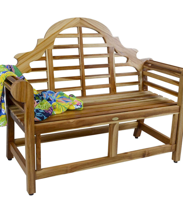 Compact Teak Outdoor Bench with Crown Design in Natural Finish