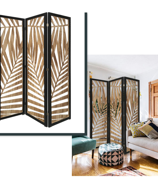 3 Panel Room Divider with Tropical Leaf Design