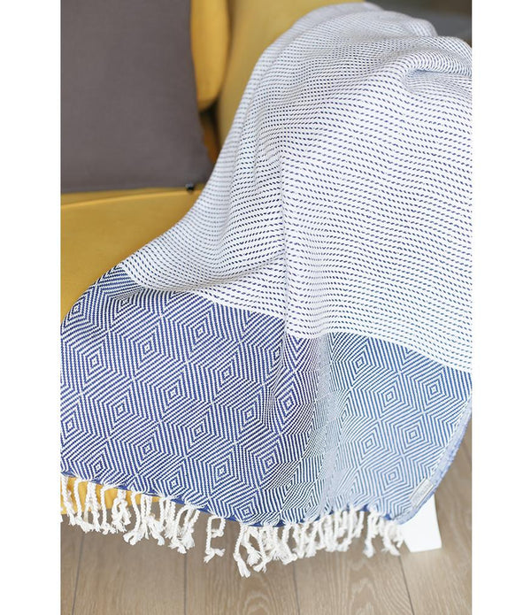 Blue and White Squares and Stripes Turkish Towel or Throw Blanket